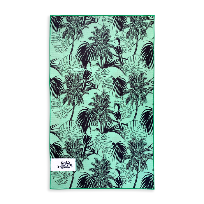 dog beach towel in tropical leaves toucans