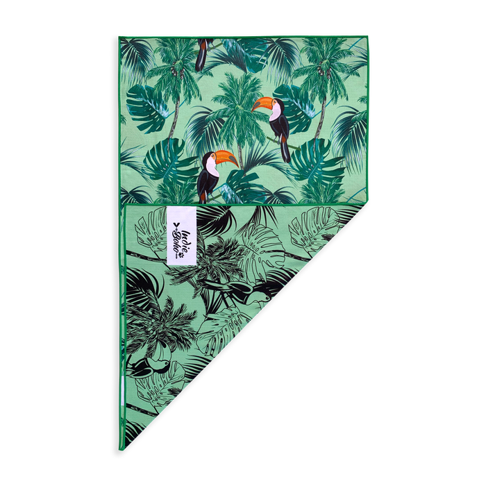 dog beach towel in tropical leaves toucans