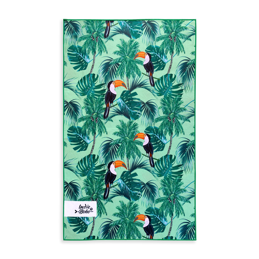 dog beach towel in tropical leaves toucans